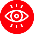 Красная круглая иконка с белым контурным изображением глаза и расходящимися лучами, символизирующая зрение или чувствительность глаз.
