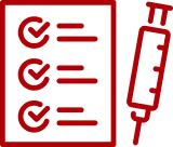 Красная контурная иконка медицинского чек-листа с галочками и шприцем, символизирующая план вакцинации или медицинское обследование