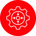 Красная круглая иконка с белым контуром шестерни, внутри которой стрелки направлены к центру, символизирующая специфичность или точечное воздействие.