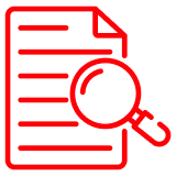 Красная контурная иконка документа с увеличительным стеклом, символизирующая поиск информации, диагностику или изучение данных.