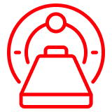 Красная контурная иконка аппарата МРТ или КТ с пациентом на выдвижном столе.