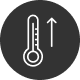 Темная круглая иконка с контурным изображением термометра и стрелкой вверх, указывающая на высокую температуру или лихорадку.